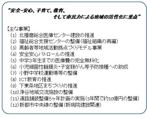 安全・安心、子育て、教育、そして市民力による地域の活性化に重点と題する12の主な事業の例