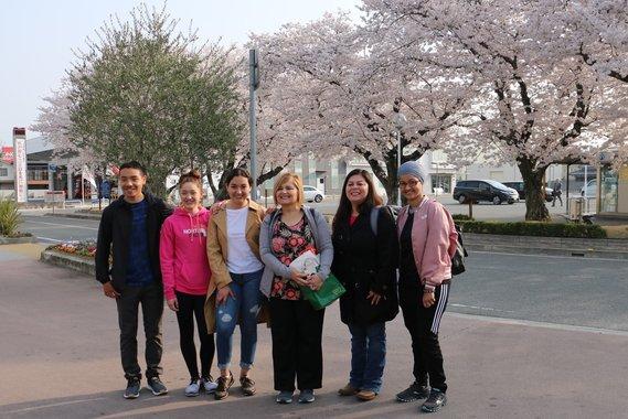桜の前で並んでいる6人の訪問団の記念写真